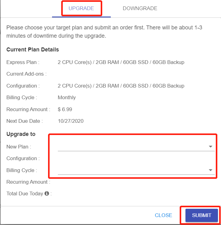 Upgrade/Downgrade your plan