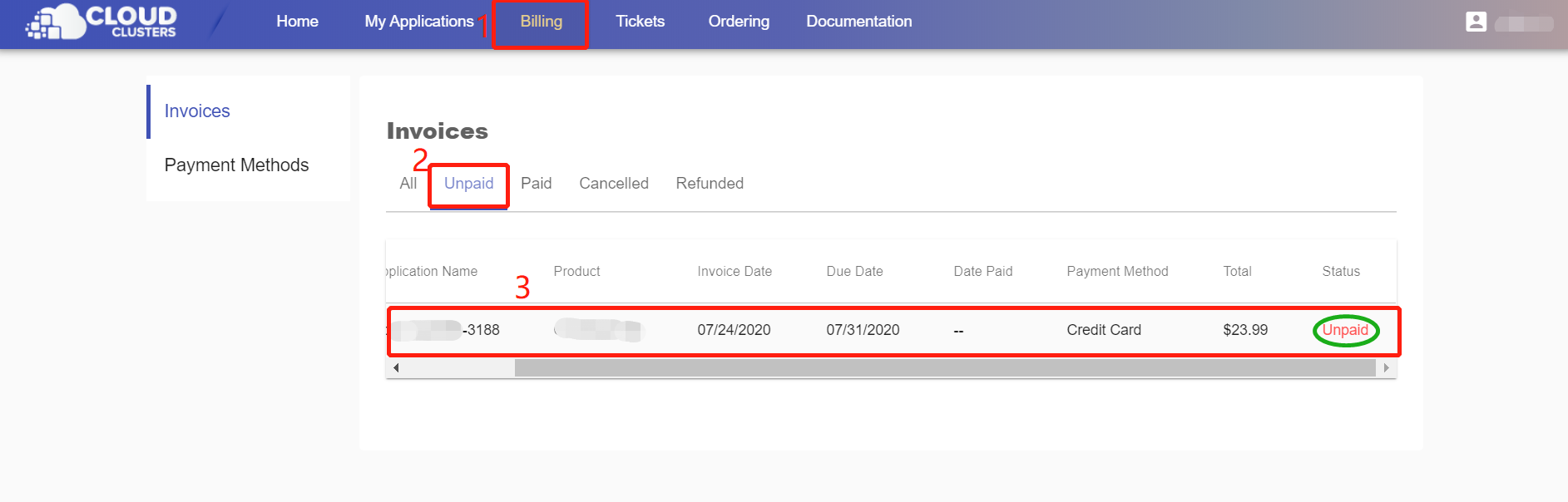 Find the invoice on the billing page