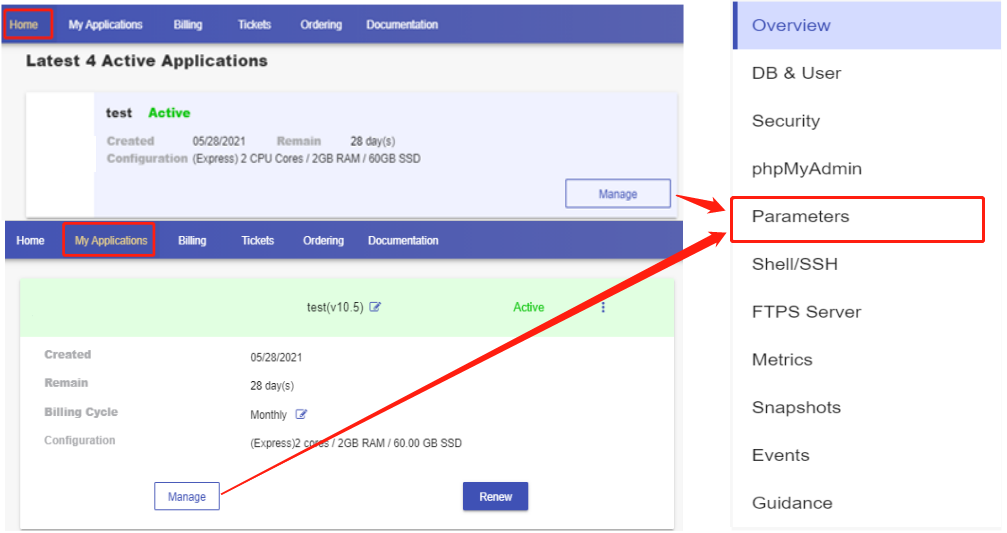 Navigate to the Parameters page