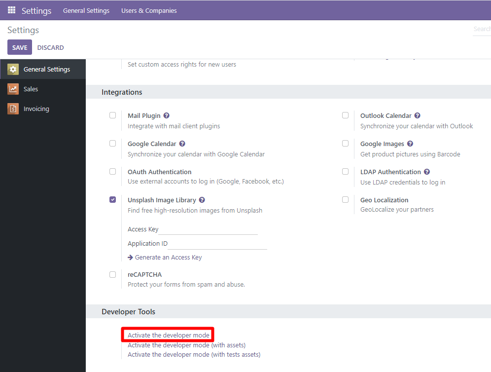 Activate the developer mode in Odoo site